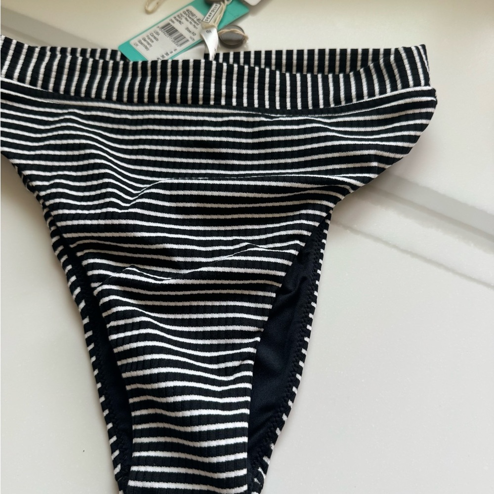 Seafolly Black and White Striped Bikini Bottom High Leg